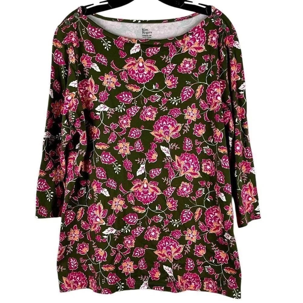 Kim Rogers Perfectly Soft 100% Cotton Floral Boat Neck Petite XL